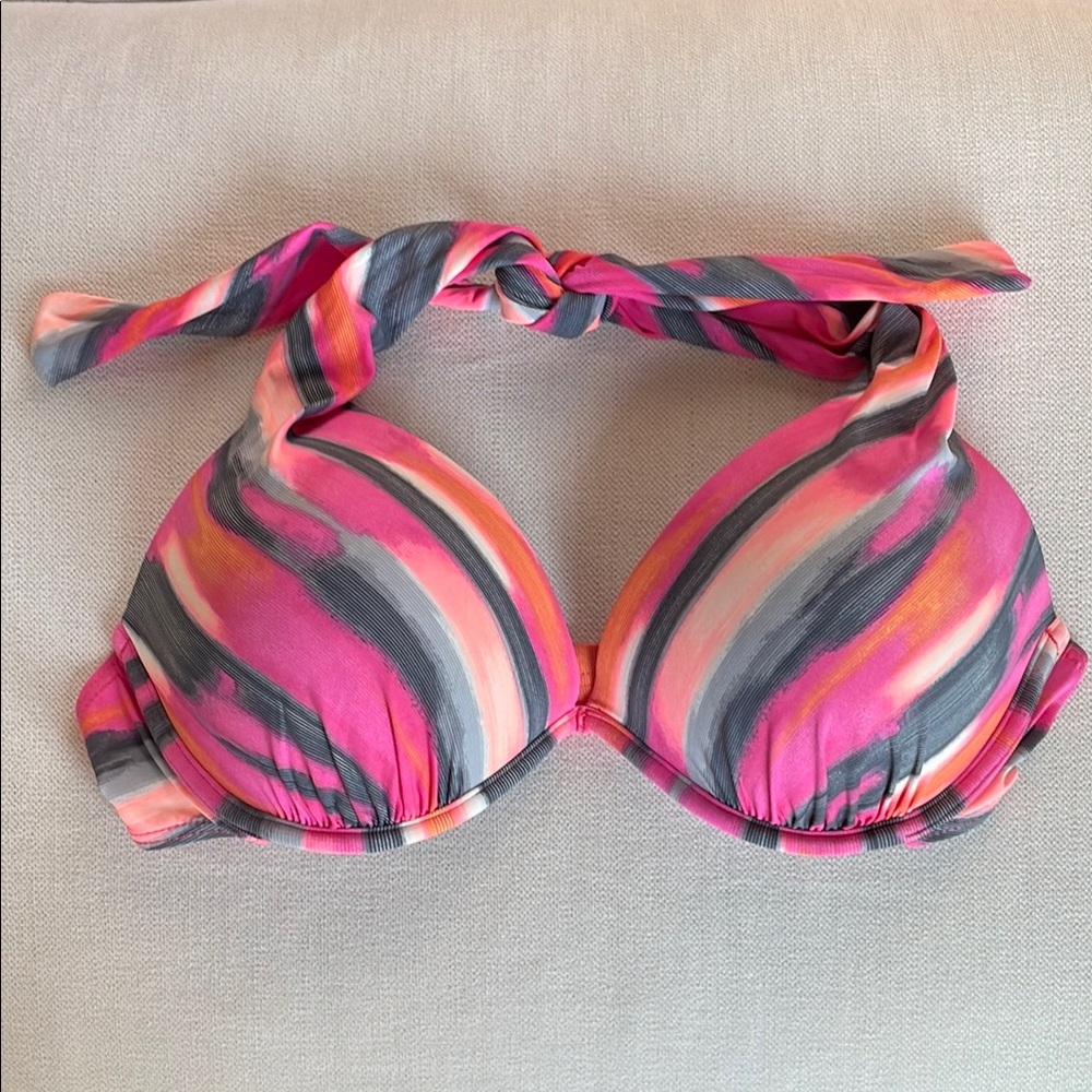 Oakley Halter Bikini Top, Pink, orange, grey and white, size 14